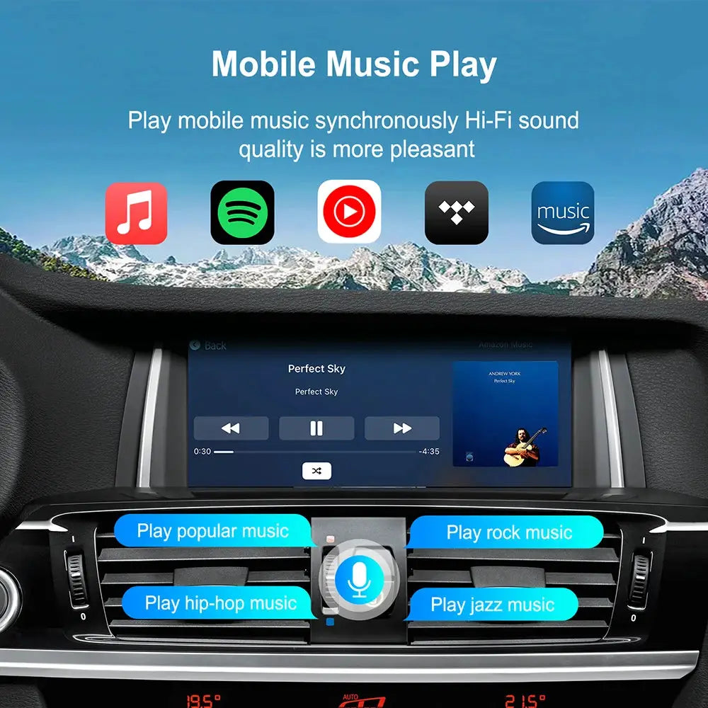 Wireless CarPlay Android Auto for BMW NBT CIC; dashboard screen with five music app icons and genre controls