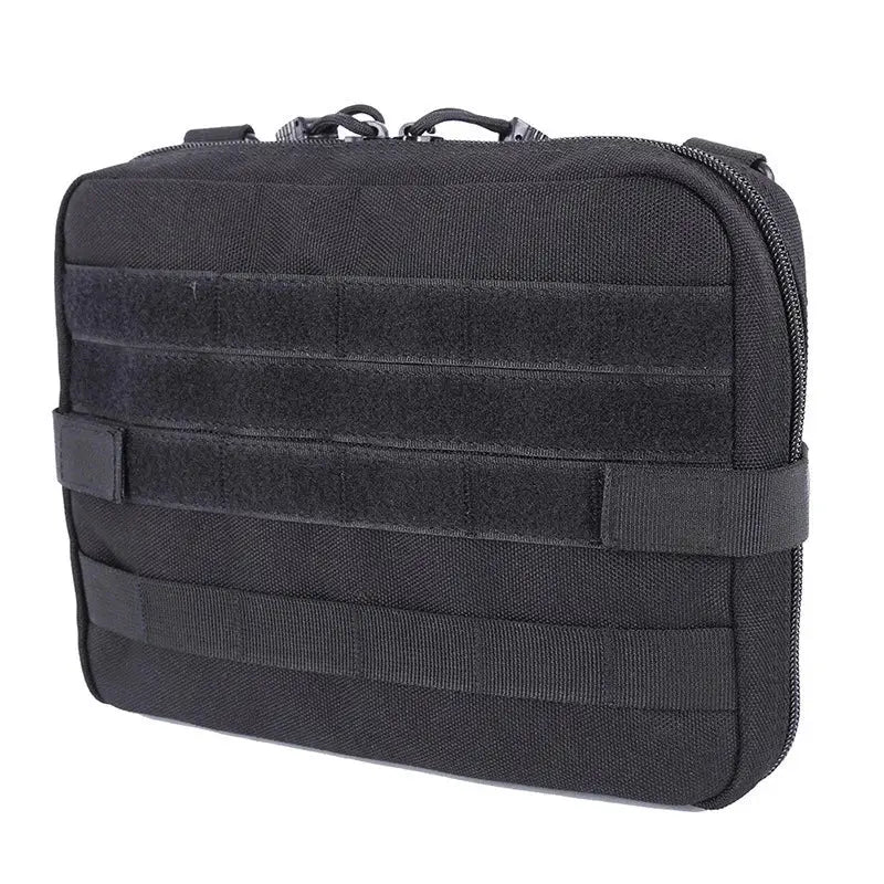 Molle pouch bag in black tactical nylon with MOLLE webbing and zippered top.
