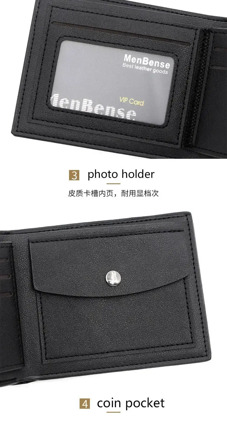 Black PU leather men's short bifold wallet with MenBense card window, coin pocket, and snap pocket.