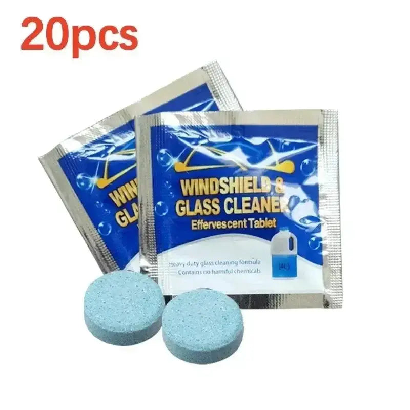 Windshield glass cleaner tablets for car, effervescent 20 pcs, blue tablets with silver packaging