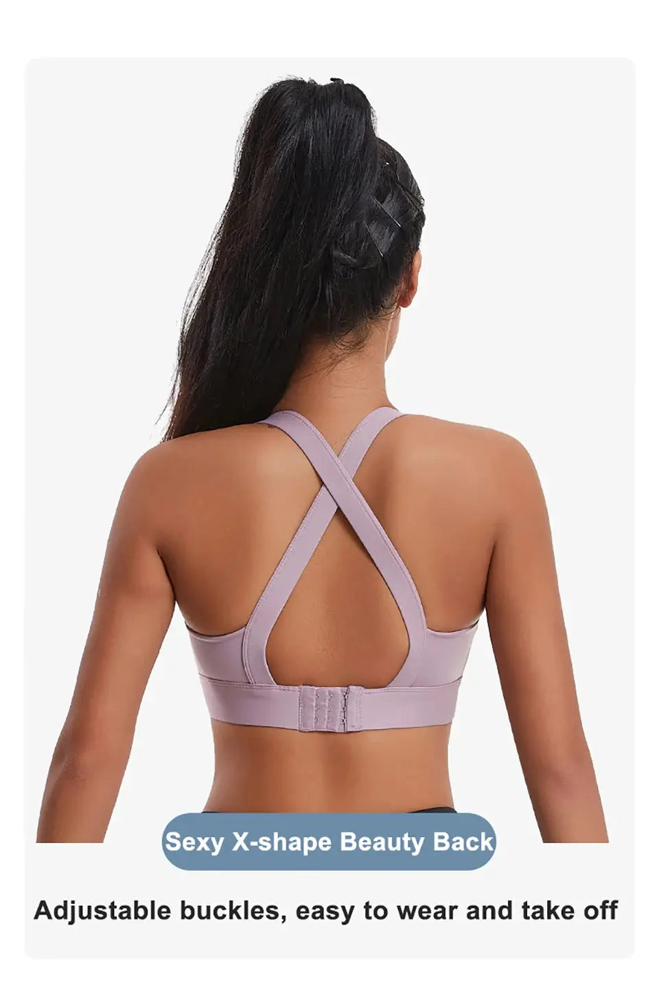Women's lavender high-impact sports bra with criss-cross back and padded cups