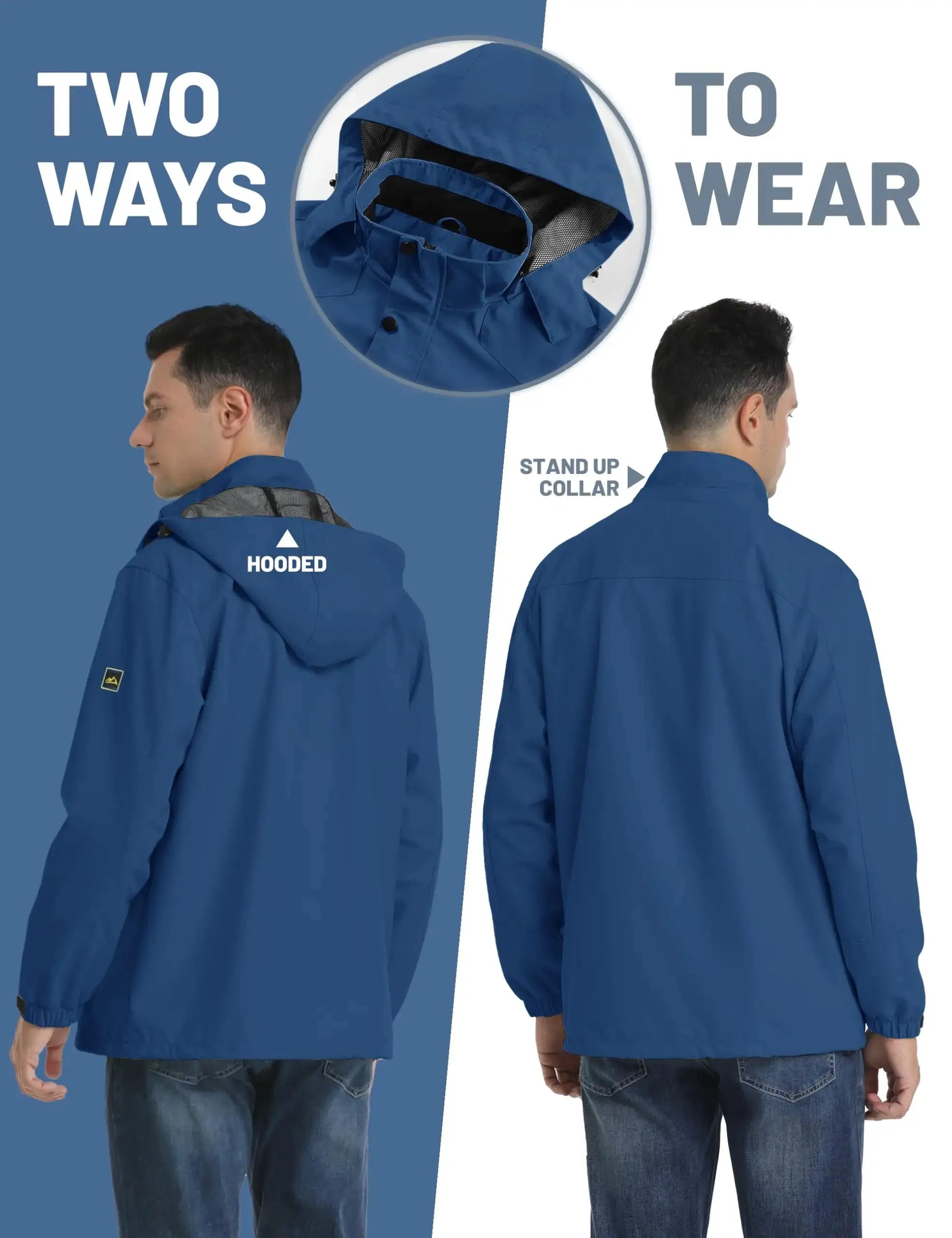 TACVASEN blue waterproof rain jacket with mesh lining; hooded, two wearers shown.