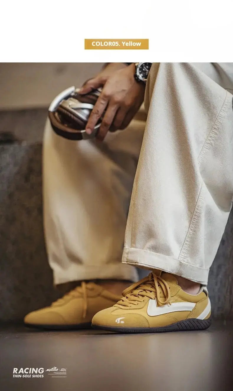 Maden unisex racing sneakers in yellow tan with white side stripe, Simples Market