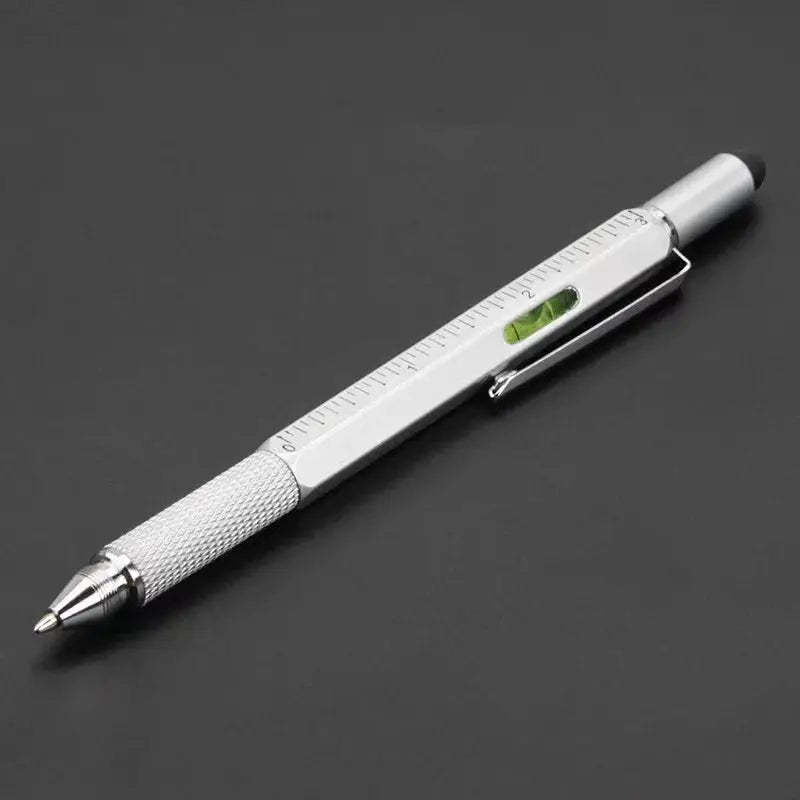 Simples Market 7-in-1 multifunction ballpoint pen with ruler, spirit level, screwdriver and stylus, silver metal.