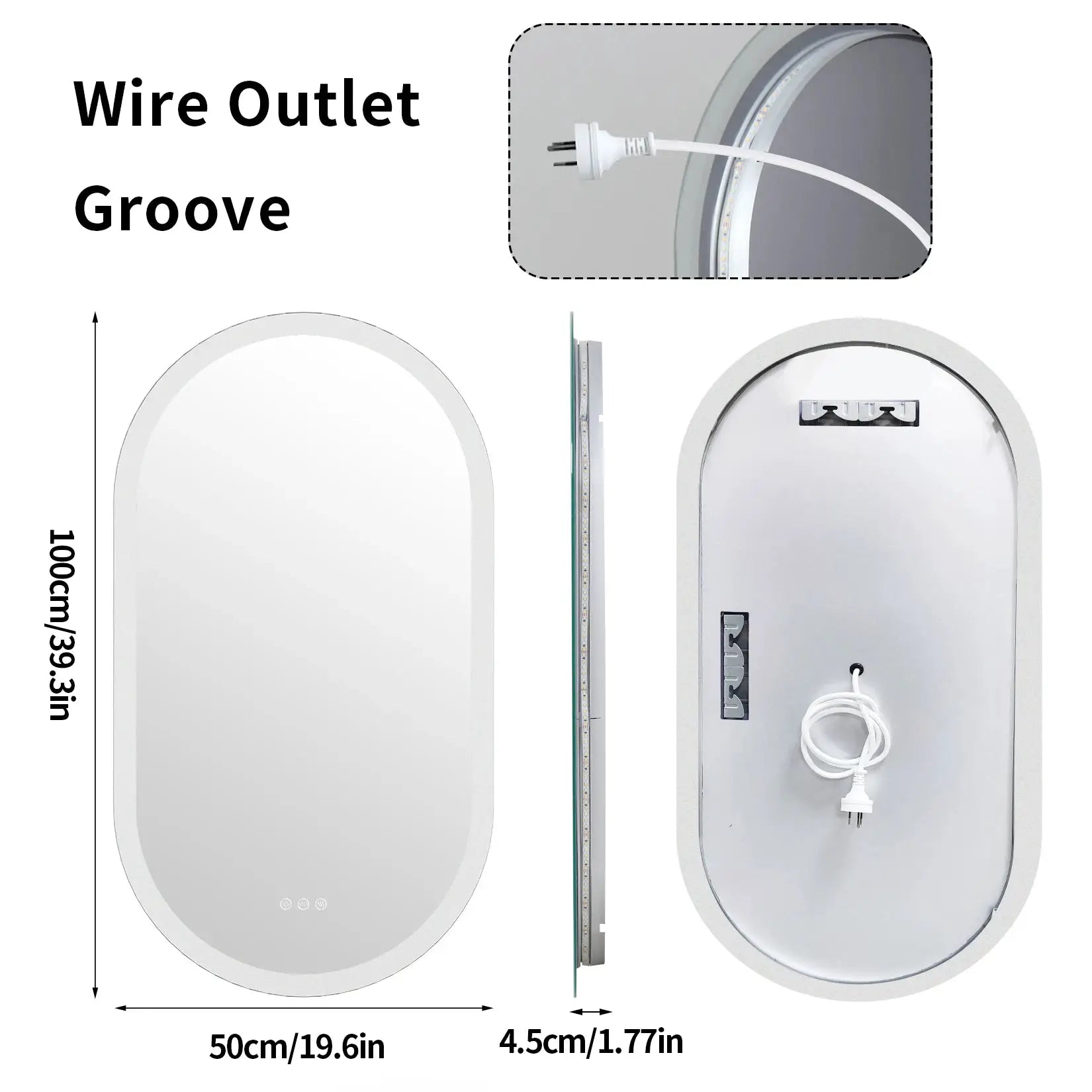 Led oval bathroom mirror with backlit LED edge lights, frameless wall-mounted vanity mirror with anti-fog feature and power cord.