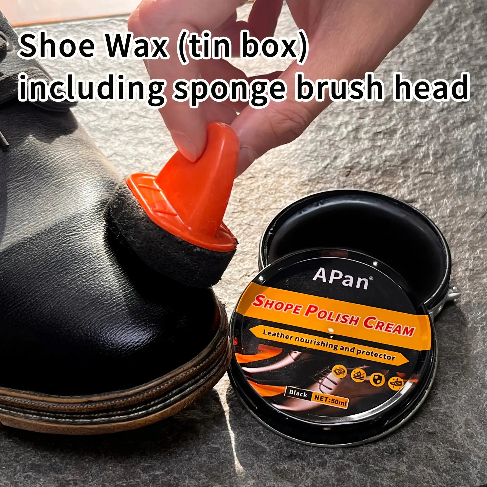 Faux leather shoe polishing kit by Simples Market with colorless wax cream and orange sponge brush for leather shoes.