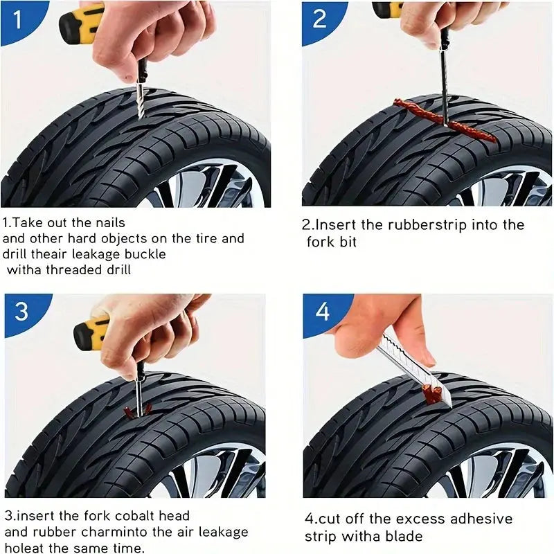 Simples Market Ultimate Tire Repair Tool Kit; four-step puncture repair infographic with drill, rubber strips, fork bit