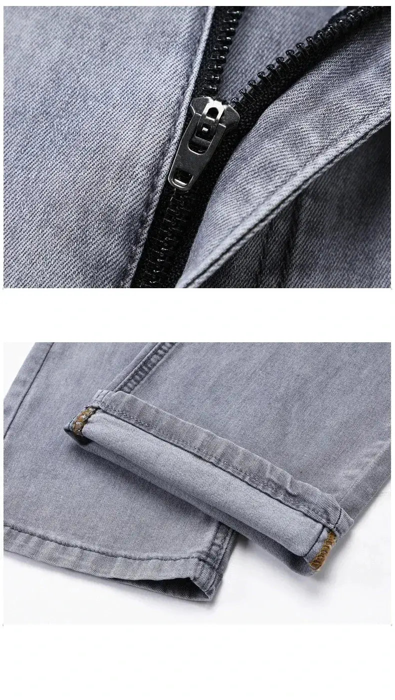 Simples Market men's gray elastic denim jeans with zipper fly and rolled cuffs