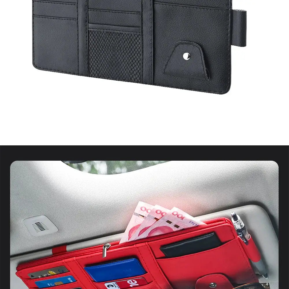 Car sun visor organizer by Simples Market with sunglasses clip and card/bill/pen pockets; two color variants shown