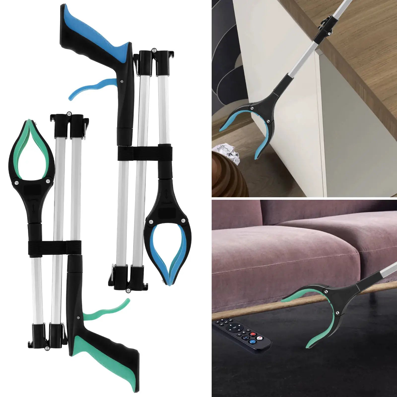 Simples Market foldable litter picker set of 3 with non-slip jaws, blue and teal accents