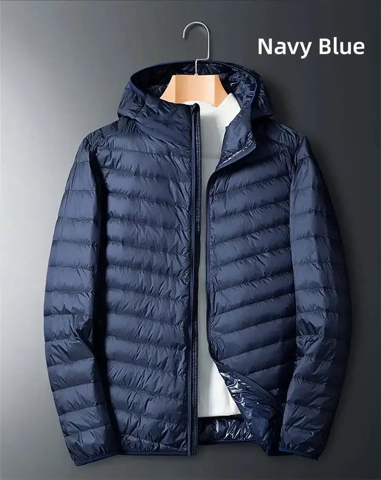 UETEEY men's navy blue down jacket with hood, quilted lightweight puffer coat