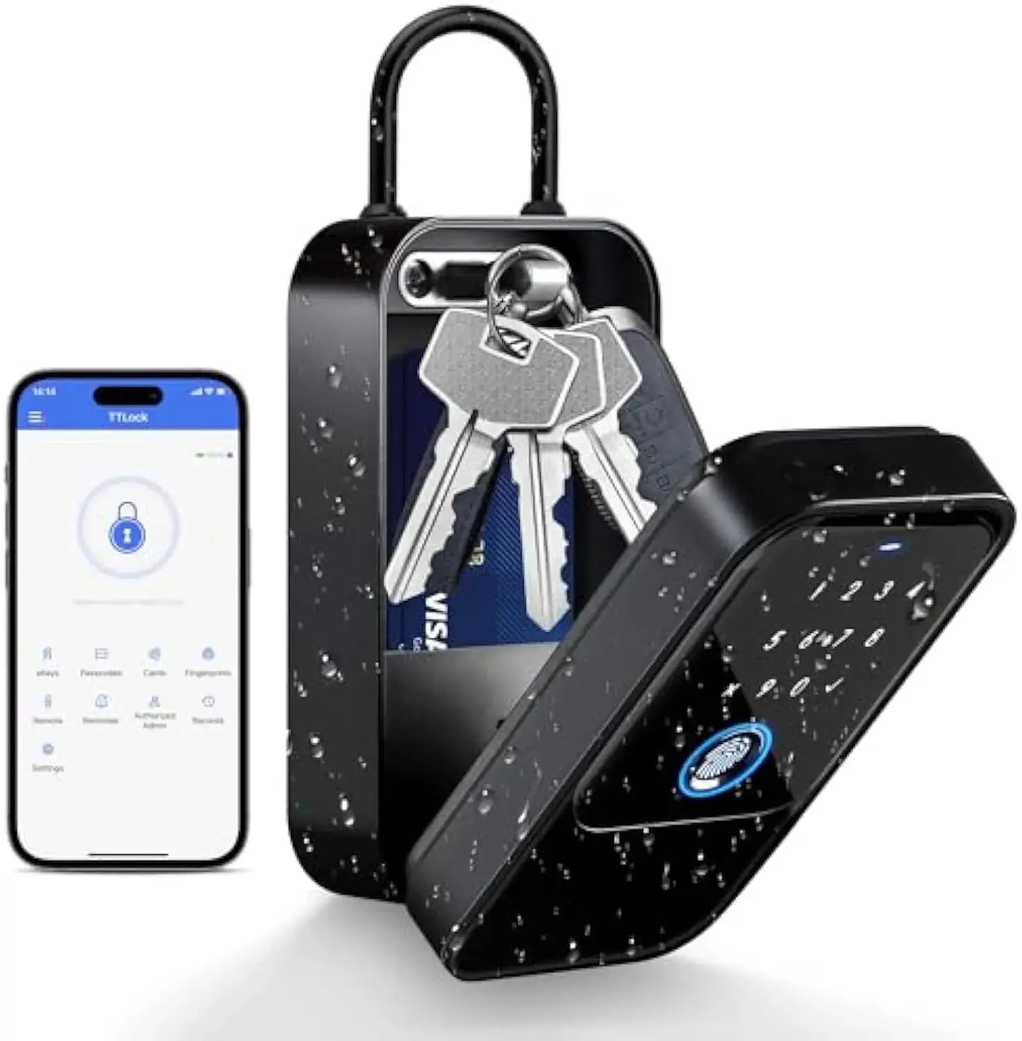 TTLock smart key lock box for home, black metal key safe with keypad and Bluetooth app control.