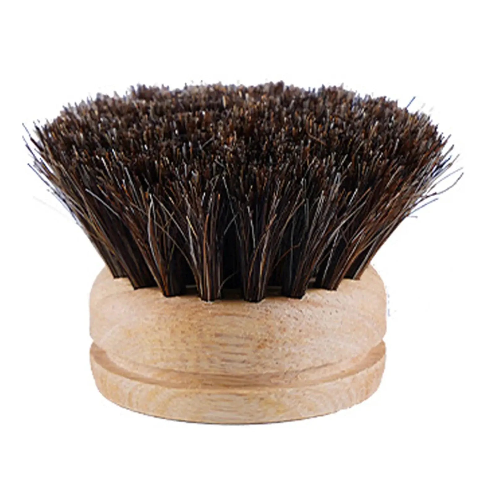 Replaceable dish brush with wooden handle and dark brown bristles, kitchen cleaning scrub brush.