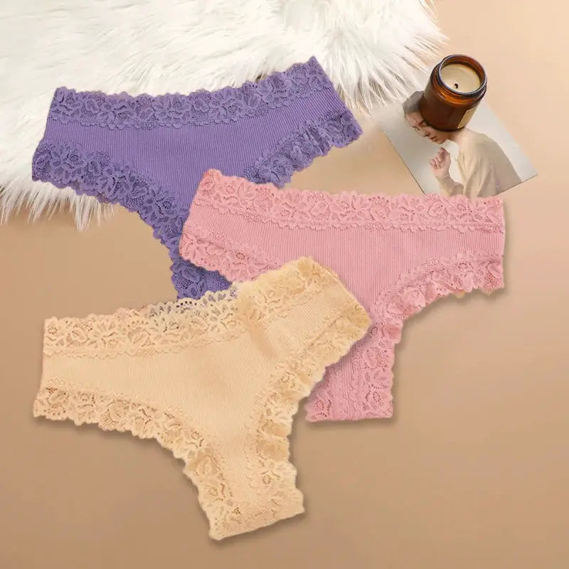 3-piece set of women's cotton panties with floral lace trim in purple, pink, and peach