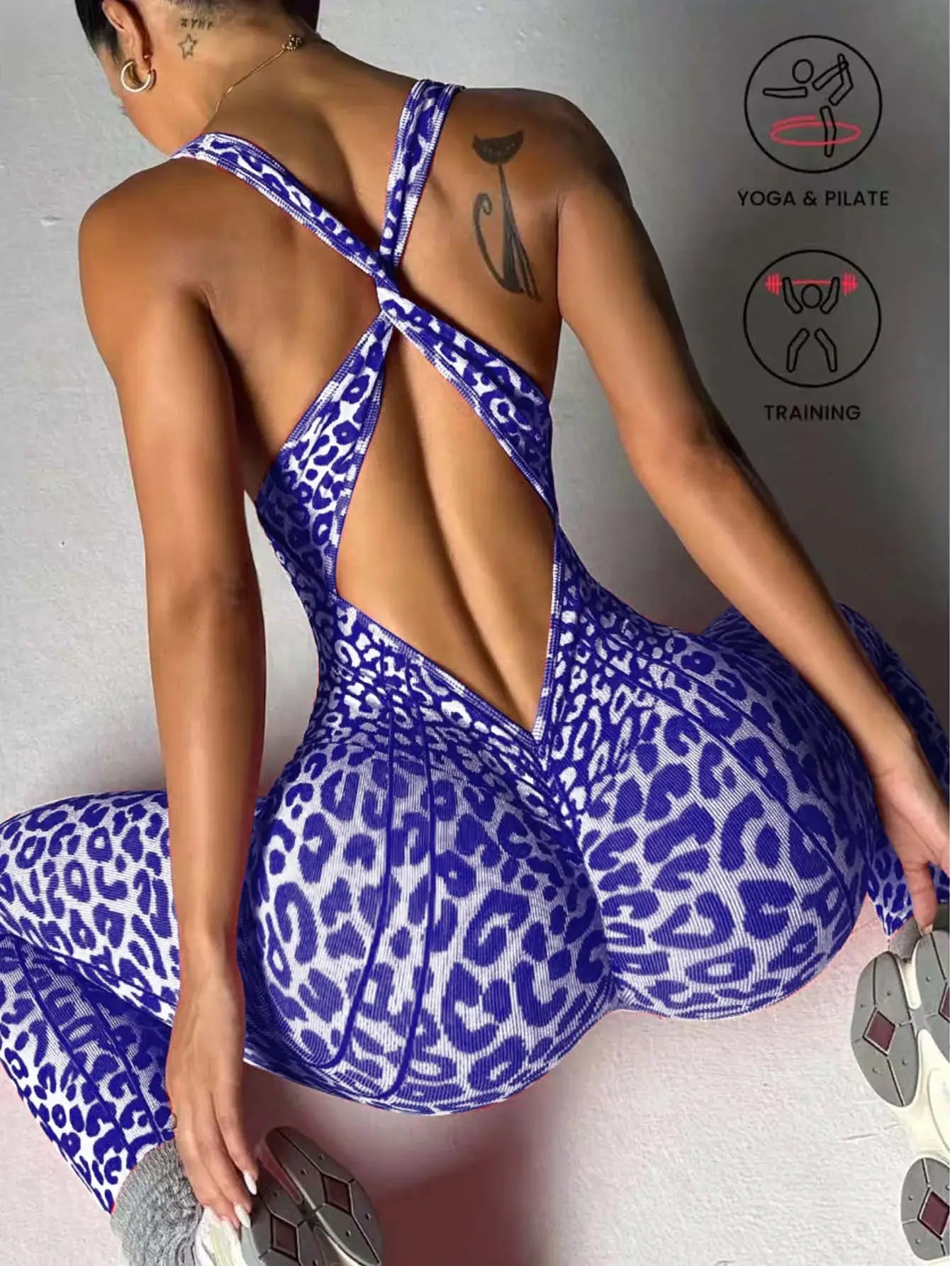 Blue leopard-print backless one-piece jumpsuit with crisscross straps for yoga fitness by Simples Market