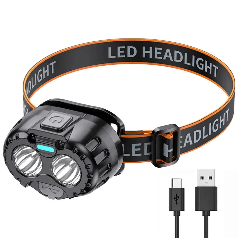 Simples Market LED headlamp with dual LED beams, black body and orange adjustable strap; USB charging cable included