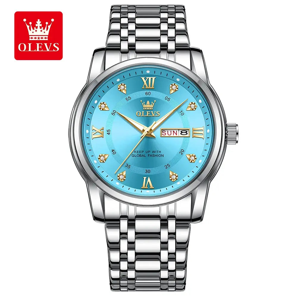 OLEVS men's stainless steel quartz watch with blue dial, diamond markers, Roman numerals, and day-date window