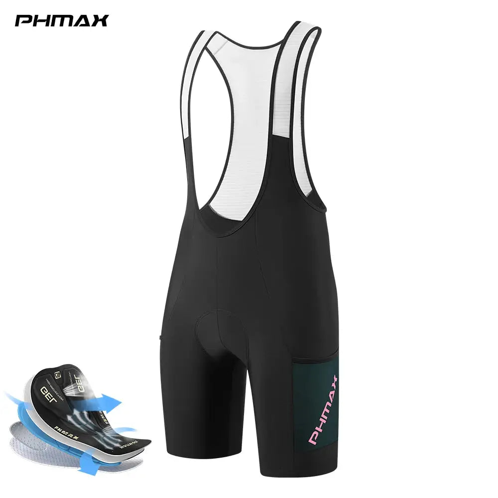PHMAX men's cycling bib shorts, black with white mesh straps, 5D silicone padded, quick-dry, teal thigh pocket