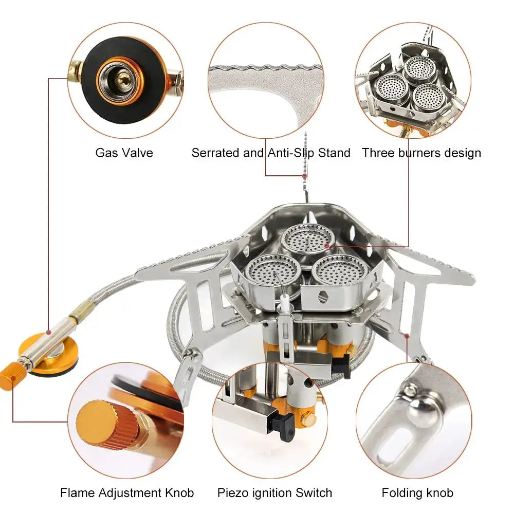 Widesea camping gas stove with three burners, portable foldable frame, orange flame-adjustment knob and piezo ignition