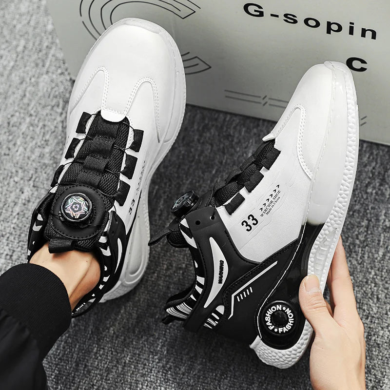 Pair of mens sneakers with rotating buckle, white/black non-slip outdoor shoes by Simples Market, lace-up design