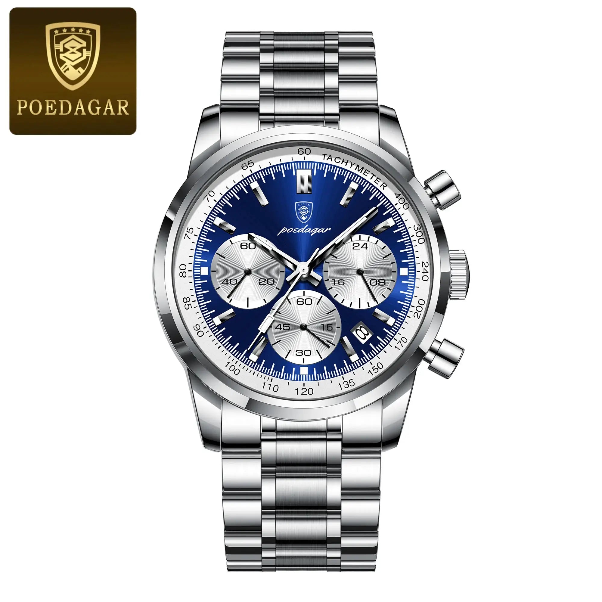 POEDAGAR stainless steel chronograph watch with blue dial, date function and tachymeter bezel