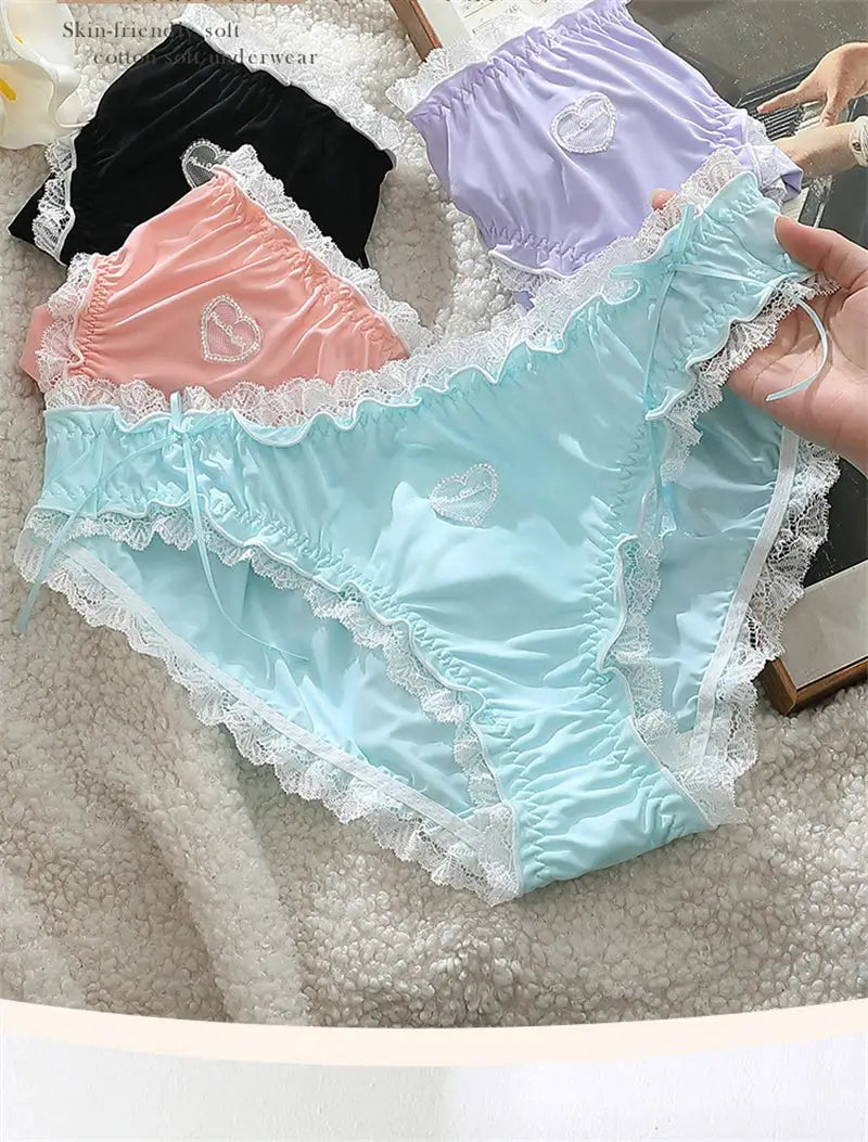 Women's lace panties set of four in blue, pink, lavender and black with white lace trim and heart emblem Simples Market