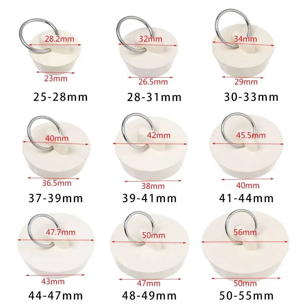 Rubber drain plug set with metal rings; nine white plugs in assorted sizes (25–55mm) for sinks and tubs