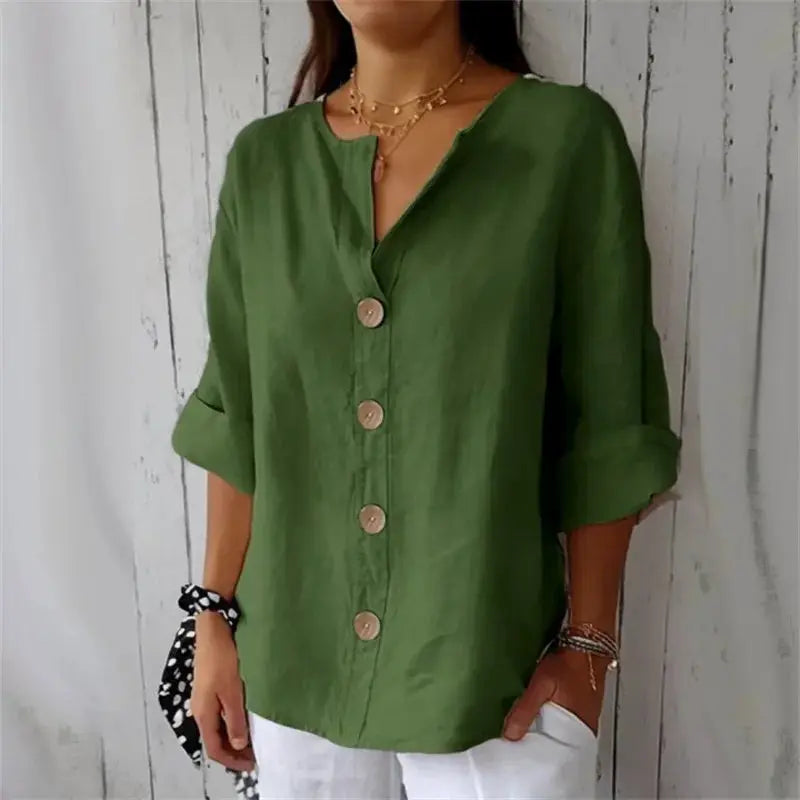 Women's green cotton-linen button-front shirt with V-neck and rolled sleeves, Simples Market casual blouse