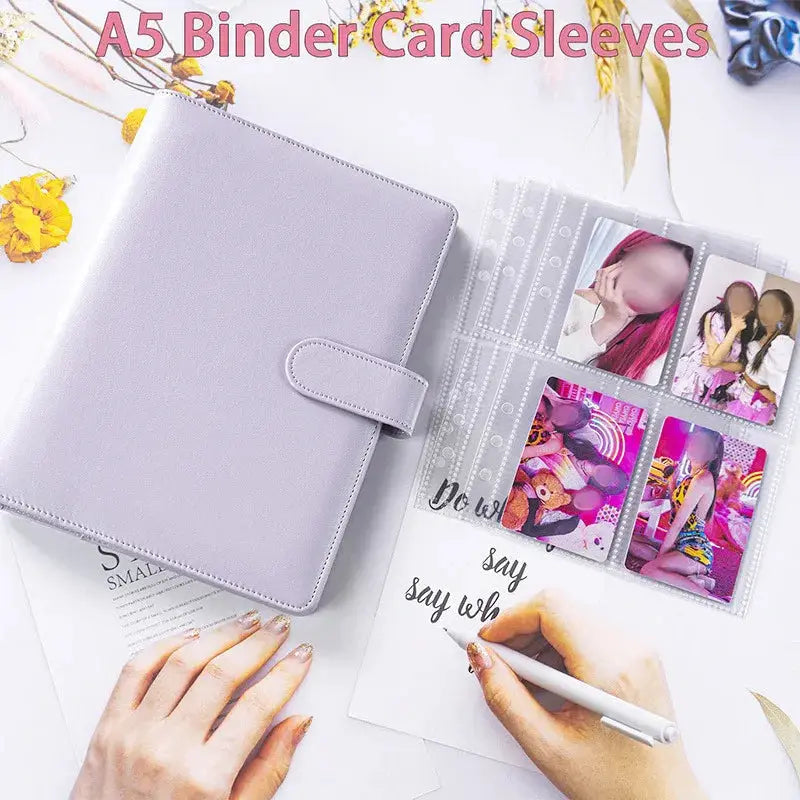 A5 photocard binder in lavender PU leather with 6 rings and 4-pocket sleeves