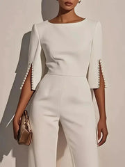 Simples Market women's white jumpsuit with pearl-beaded 3/4 sleeves, high-waist, round neck, regular fit