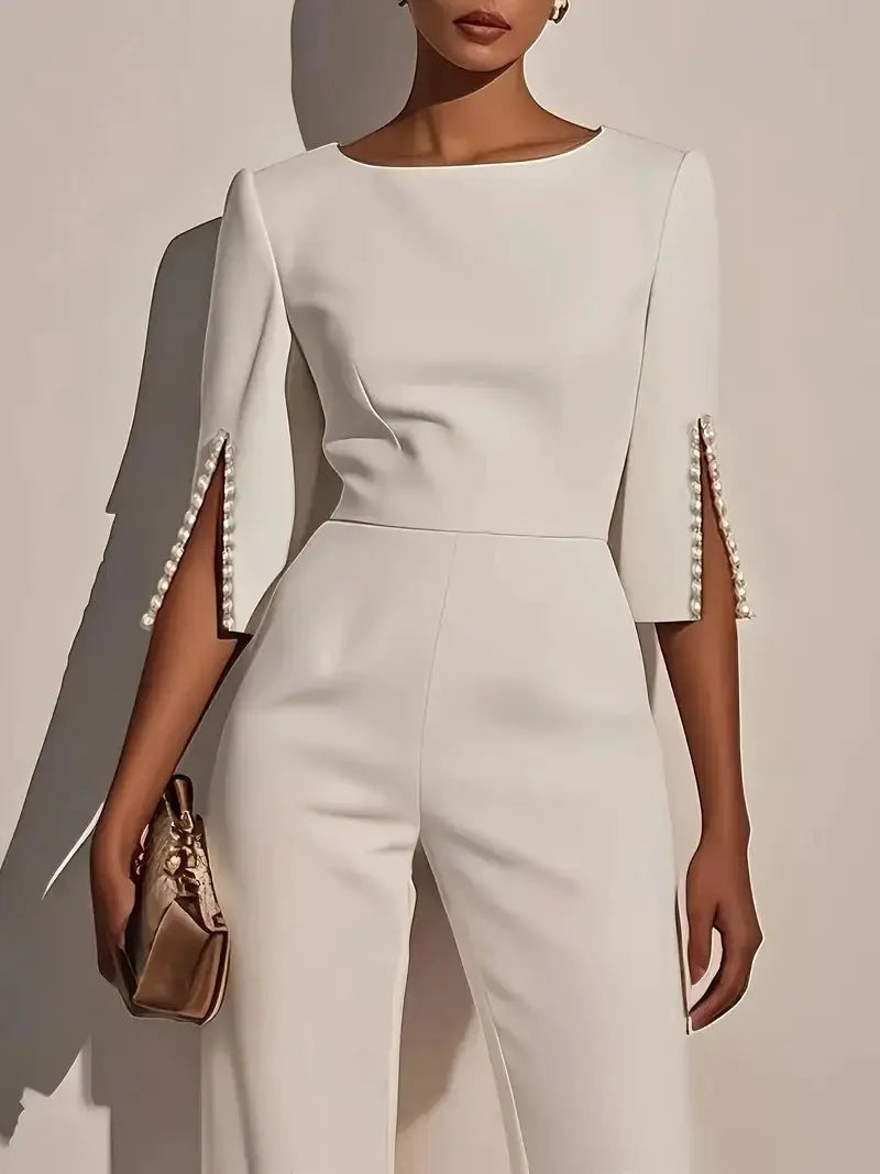 Simples Market women's white jumpsuit with pearl-beaded 3/4 sleeves, high-waist, round neck, regular fit