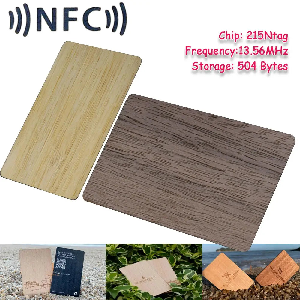 Two wooden NFC cards in light and dark finishes with NTAG215 chip, 13.56MHz, 504-byte storage.
