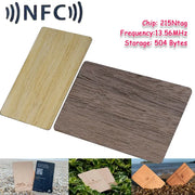 Two wooden NFC cards in light and dark finishes with NTAG215 chip, 13.56MHz, 504-byte storage.