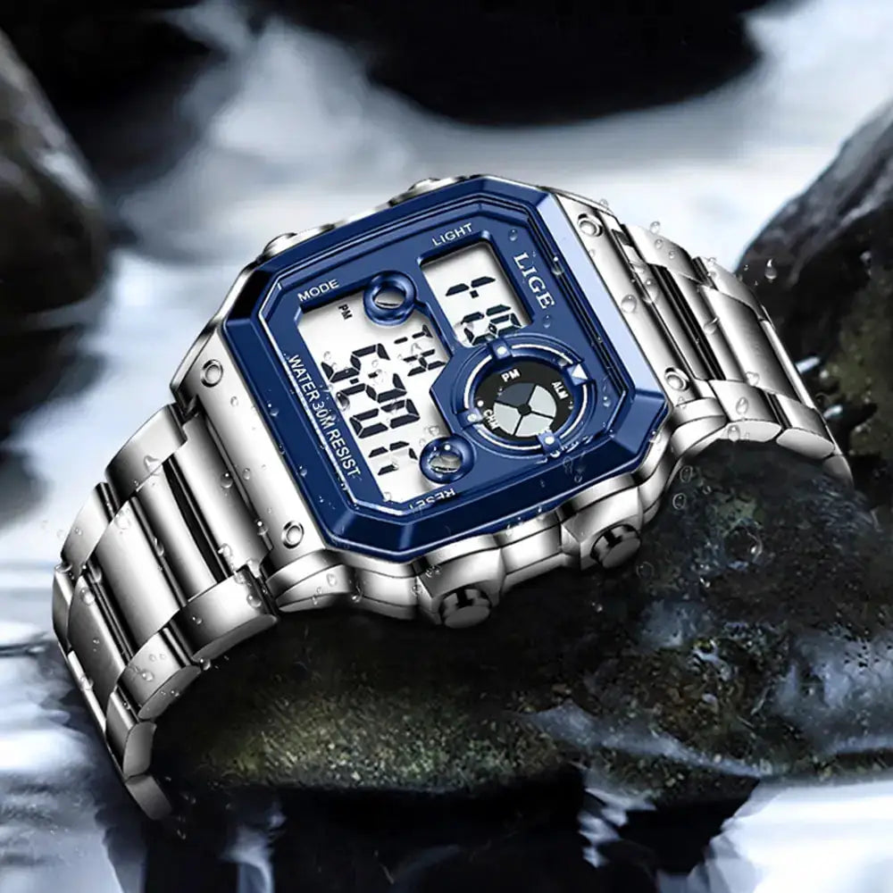 LIGE men's digital sport watch with blue bezel and stainless steel band, water resistant