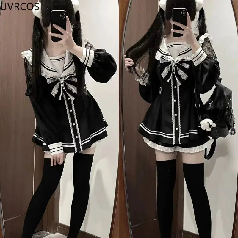 Japanese Style Gothic Y2K Lolita Bow Dress Set Women Long Sleeve