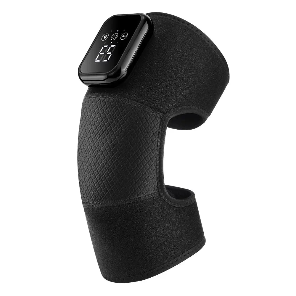 Electric heated knee massage pad with 3-level heat, black neoprene wrap and digital controller by Simples Market.