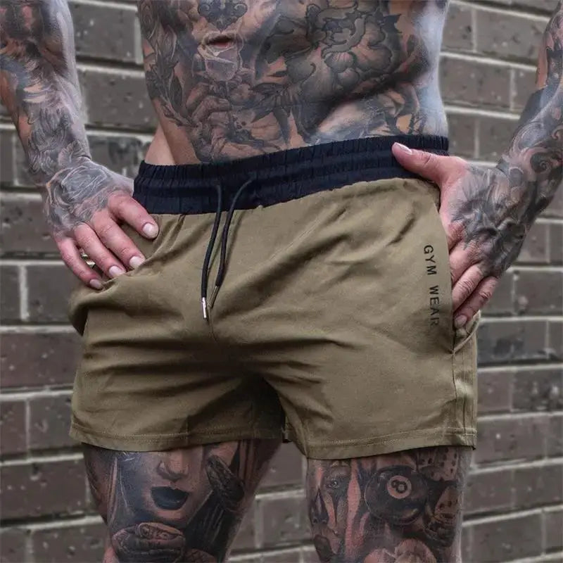 Men's gym shorts by Simples Market, khaki lightweight quick-dry drawstring fitness shorts.