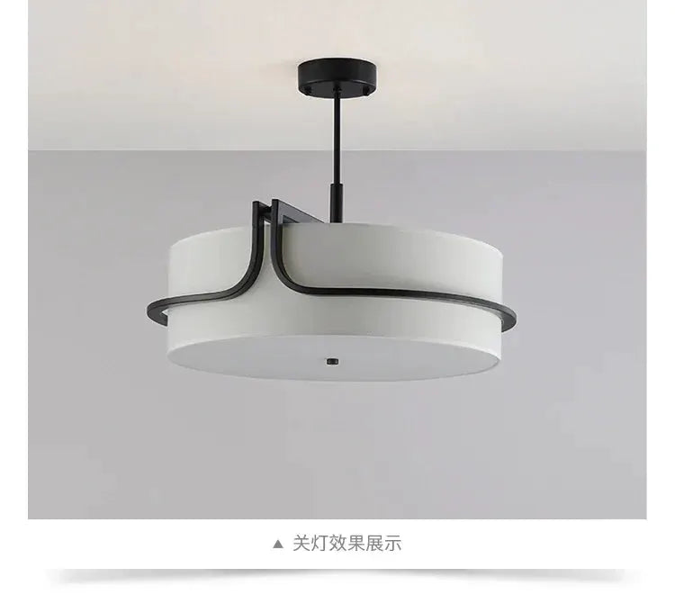 Modern fabric art ceiling chandelier with white drum shade and black metal accents, hanging pendant light