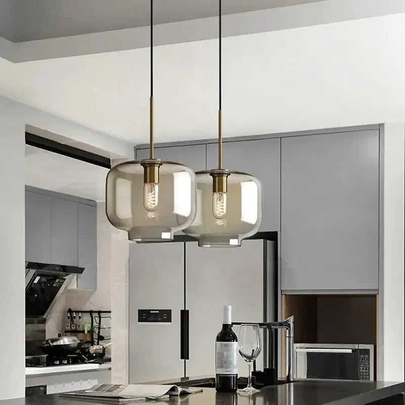 Nordic LED Glass Chandelier Pendant Lights, Simples Market, 2 smoky glass globes with brass accents over kitchen island