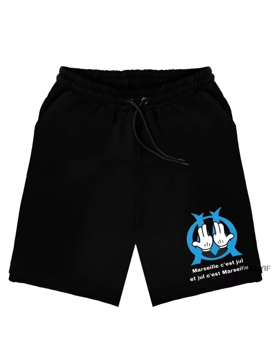 Shorts, black cotton unisex with drawstring and blue graphic print on the leg