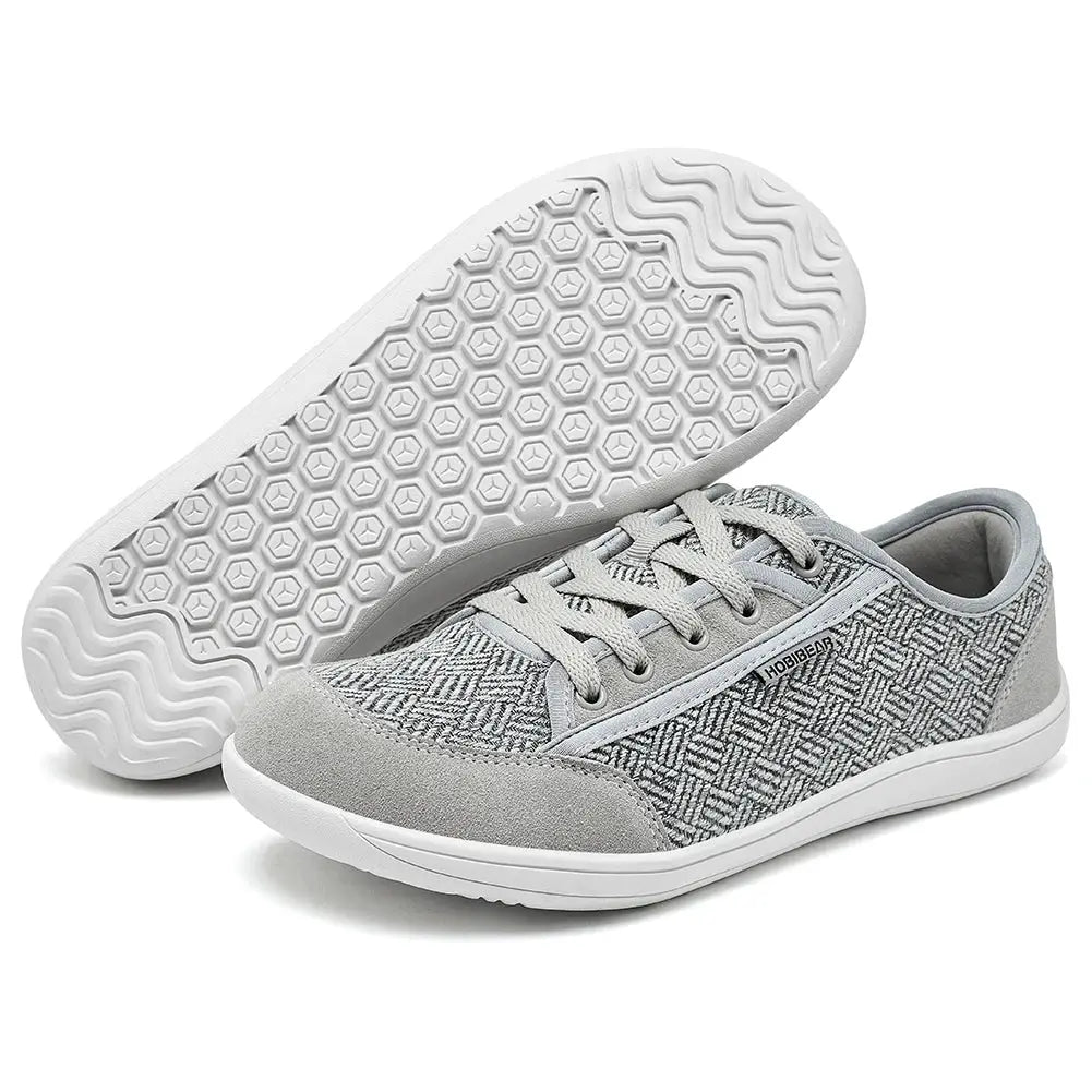 HOBIBEAR barefoot sneakers, grey knit upper with subtle pattern, lace-up design and white rubber sole