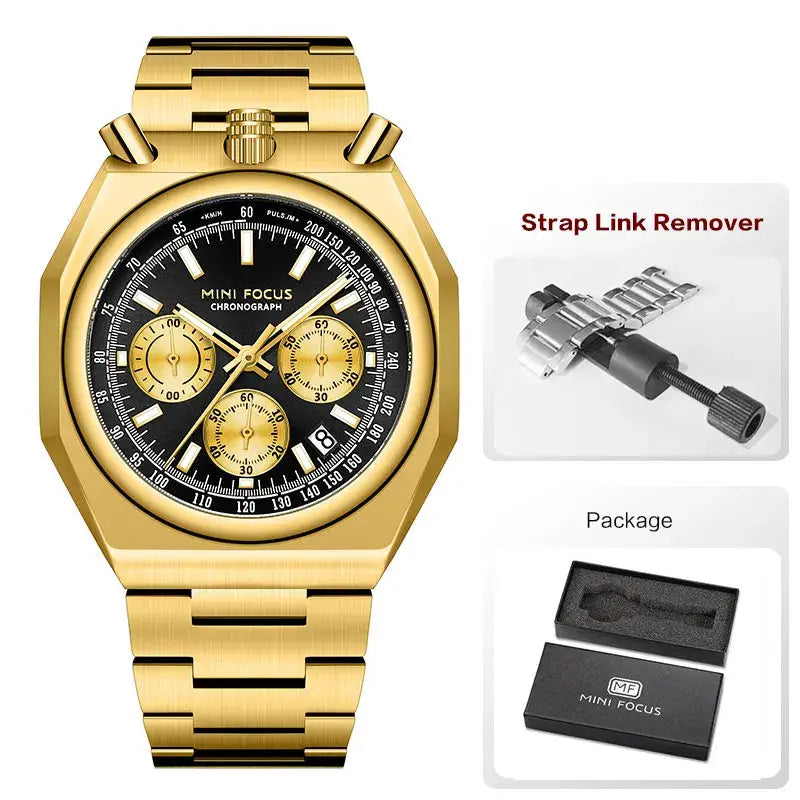 MINI FOCUS men's chronograph watch with gold-tone stainless steel strap, black luminous dial, date window.