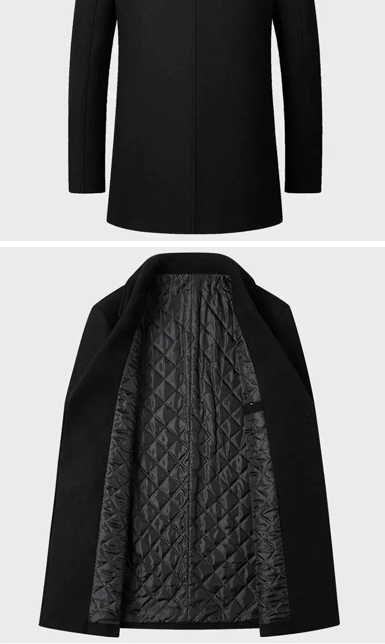 Men's double-breasted wool coat, black with quilted lining for autumn and winter