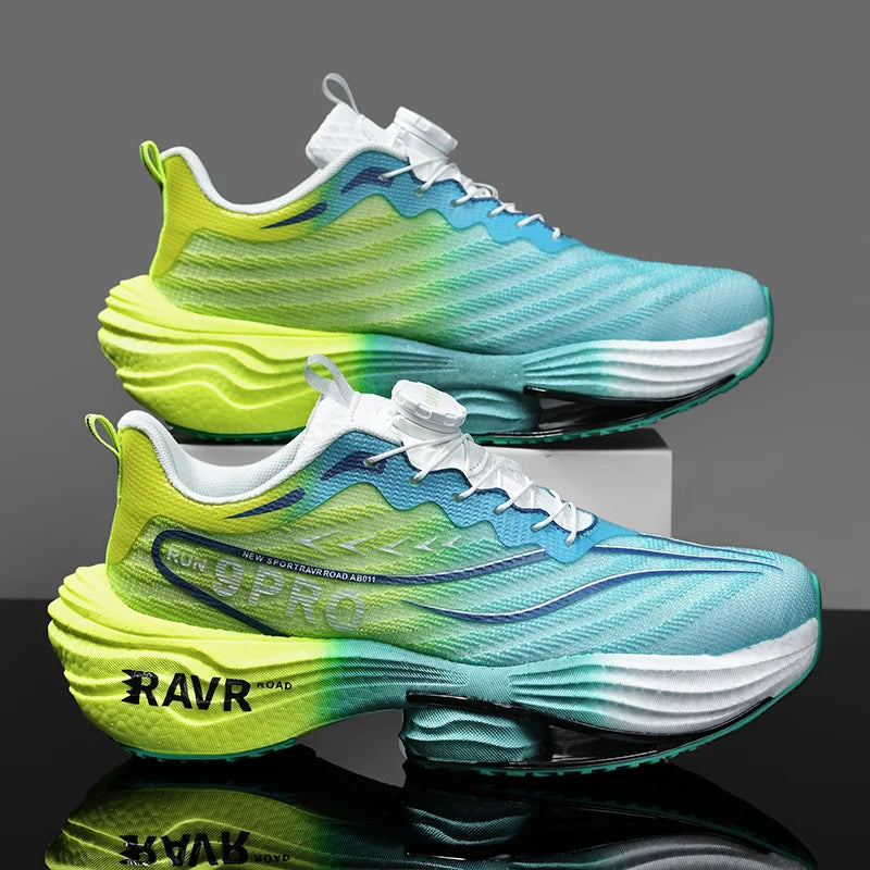 Men's running shoes with gradient turquoise to lime green, chunky cushioned sole, two pairs, featuring RAVR logo.