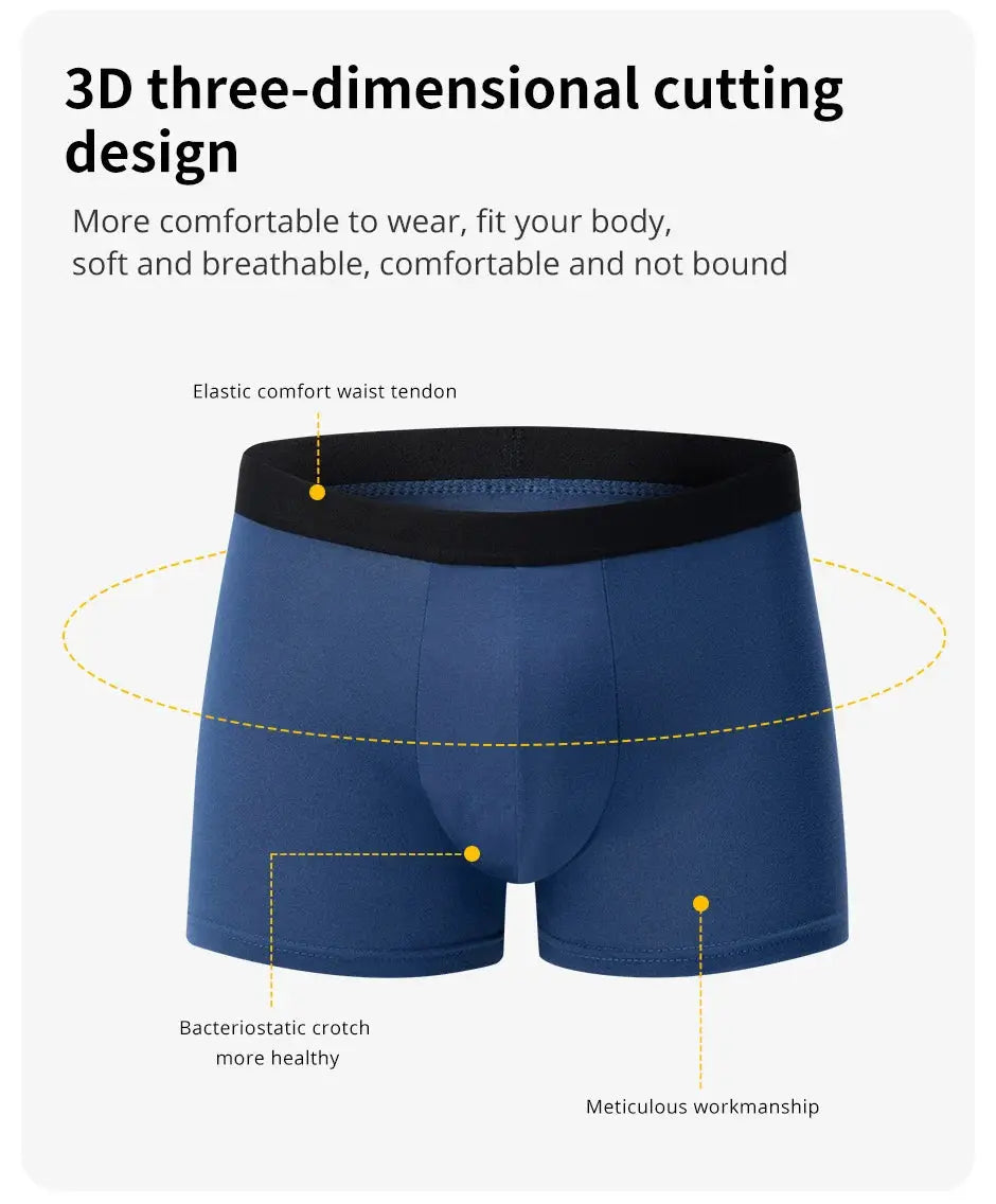 Men's boxer briefs in blue with black waistband, 3D cut design and antibacterial crotch detail