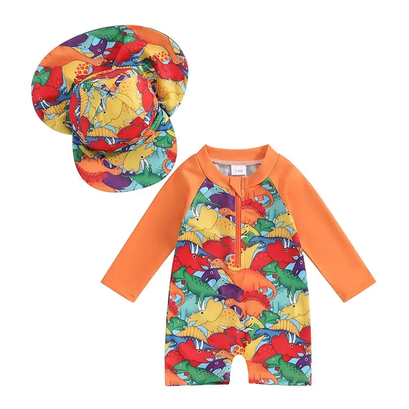 Tregren Toddler Boys Rash Guard Swimsuit Long Sleeve Turtle And Dinosaur Print Bathing Suit With Swim Caps Beachwear