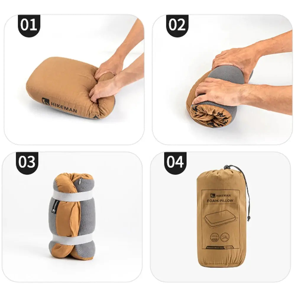 Soft slow-rebound memory foam pillow for outdoor camping and travel with neck support; tan Hikeman packable.