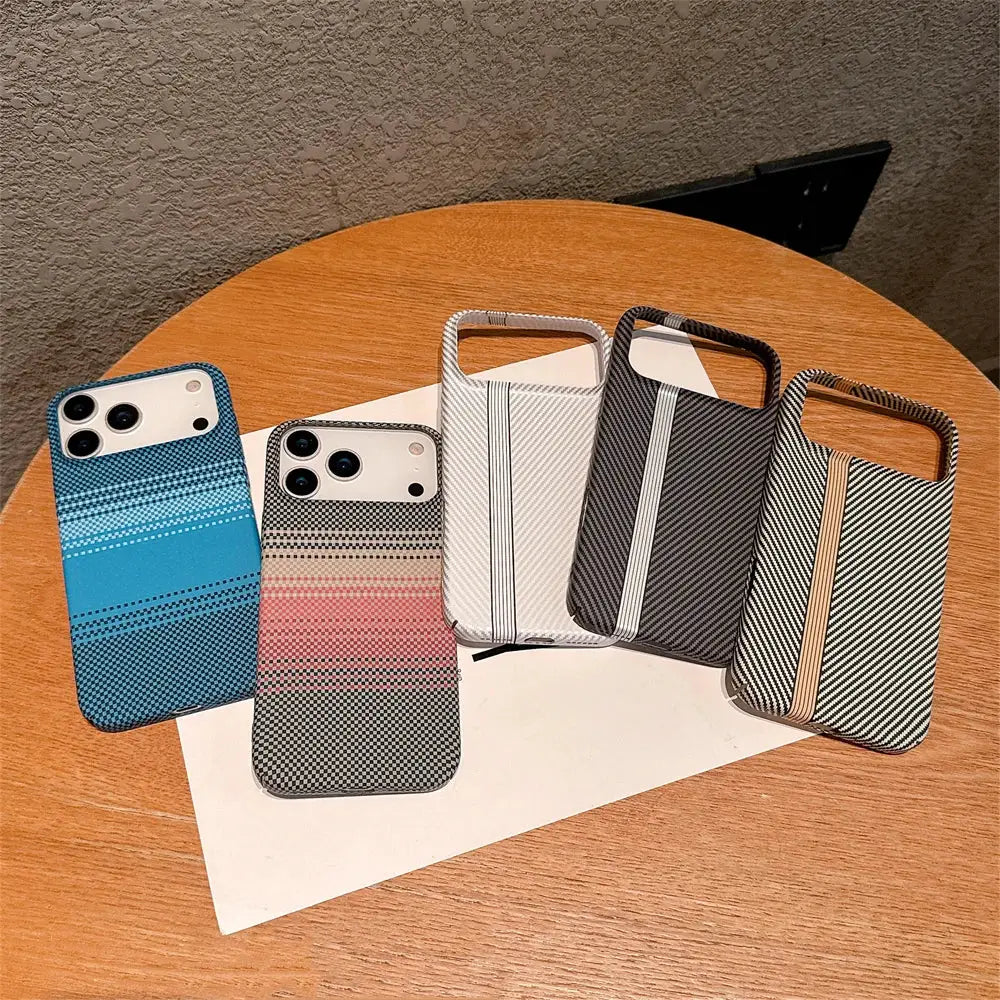 Kevlar carbon fibre PC iPhone hard cases, 6-pack, shockproof camera bumper, blue/pink/white/gray striped patterns.