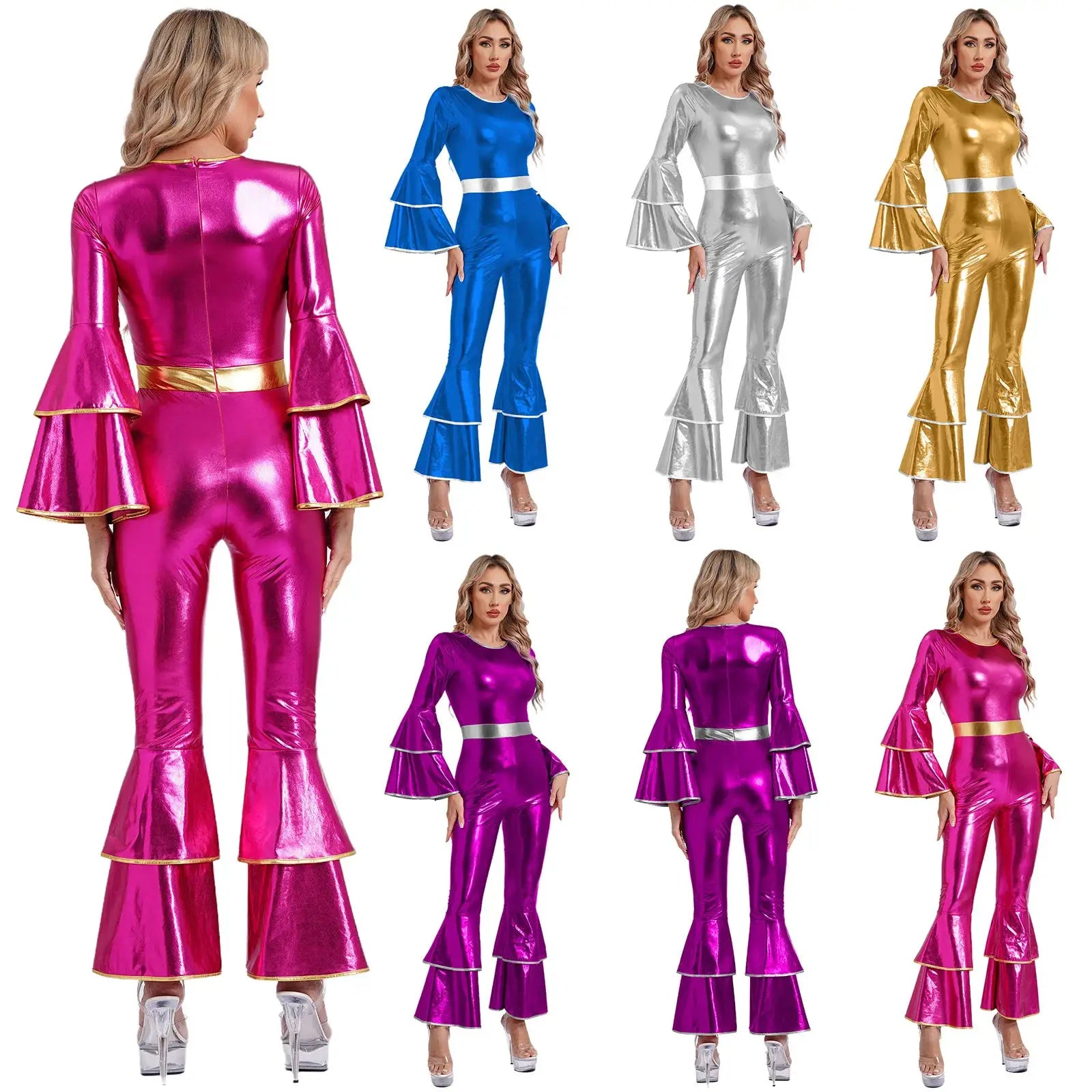 Womens 70s disco jumpsuit with bell sleeves and flare pants in four colors pink blue silver gold Simples Market