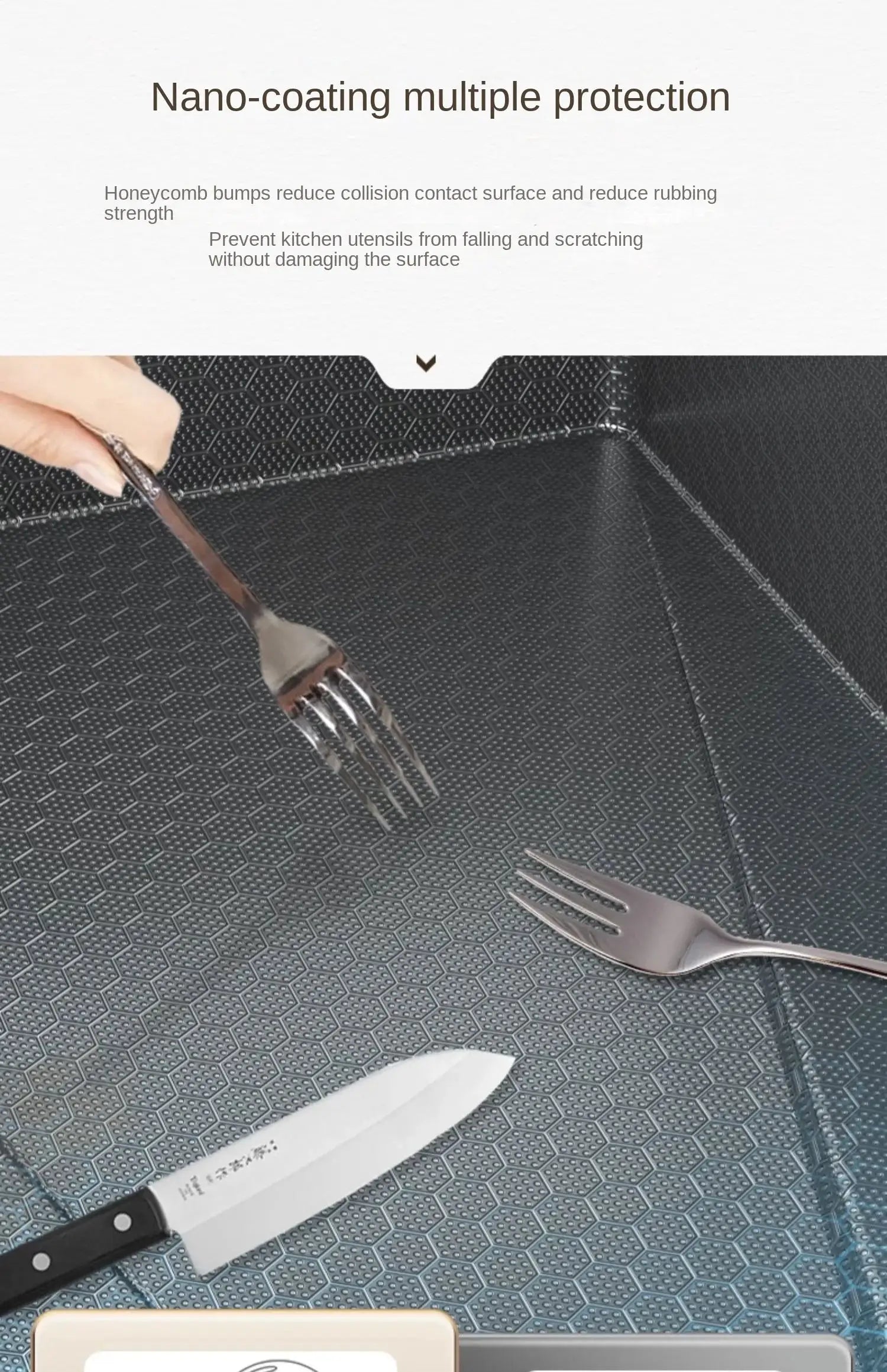 Black hexagonal honeycomb kitchen sink mat with a knife and two forks
